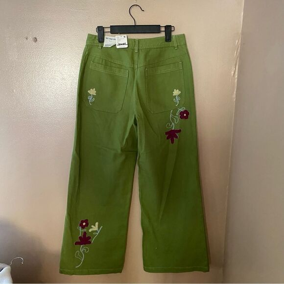 Free People We The Free pants jeans winter bloom embroidered green wide leg 27 - Picture 7 of 10